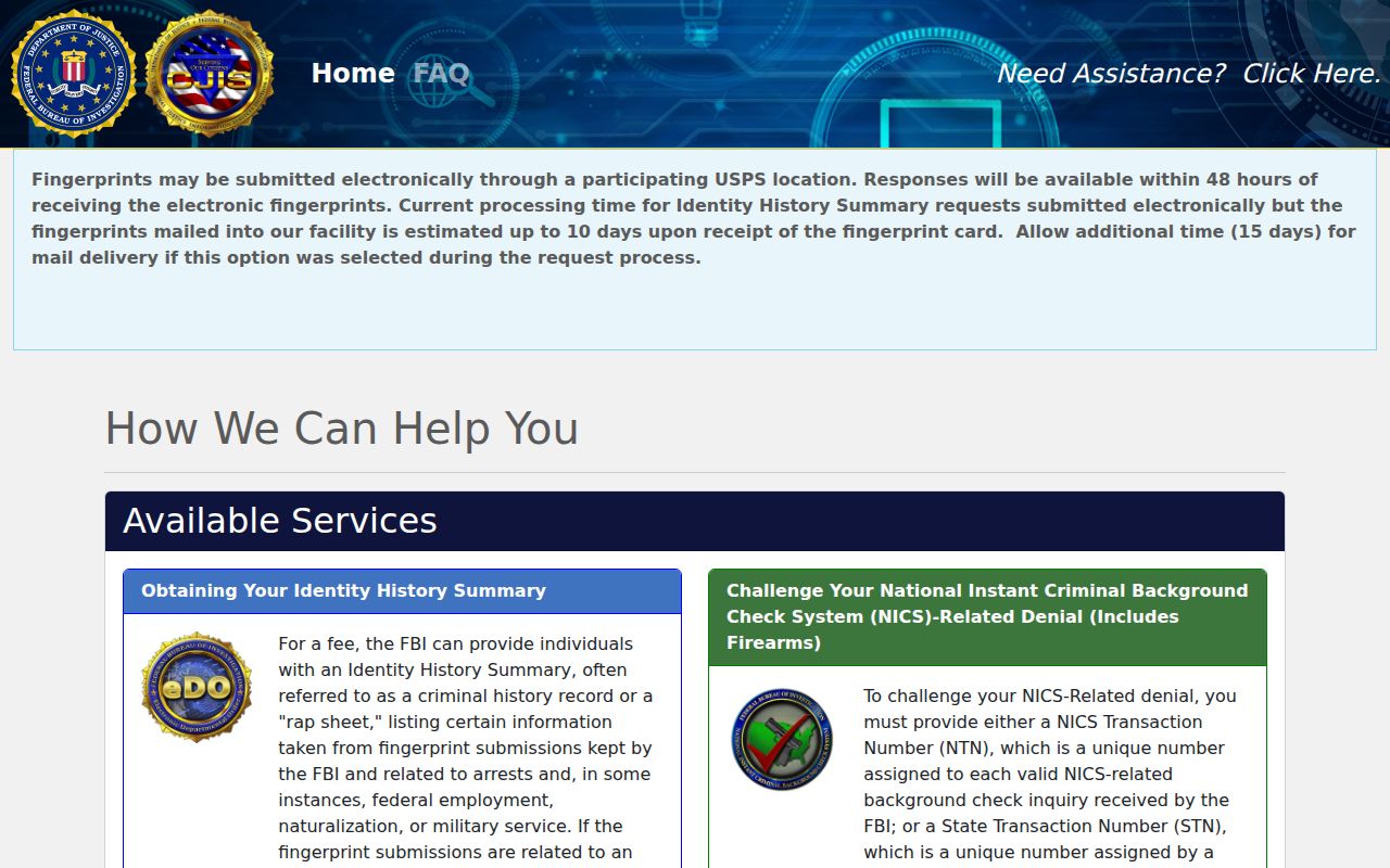 Kensett criminal records and FBI electronic identity history portal